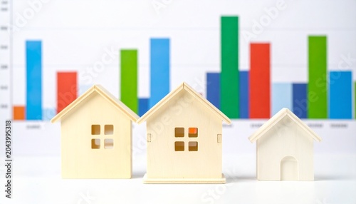 “A wooden house rises atop ascending blocks with a green arrow, symbolizing property growth, investment success, and the natural momentum of real estate markets under sunlight.”