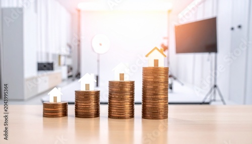 “Stacks of coins rise with houses on top, symbolizing property value growth, investment success, and the upward momentum of real estate markets.”