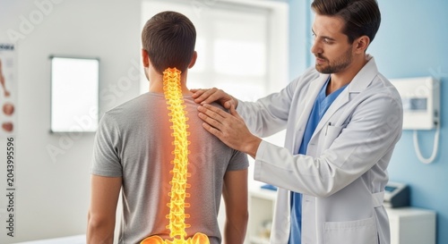 Doctor examines a patient's glowing spine, highlighting potential discomfort and treatment options
