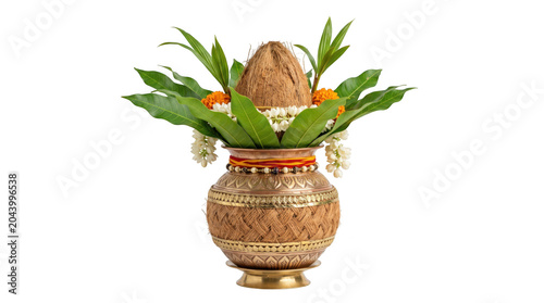 Traditional kalash with coconut and mango leaves isolated on transparent background