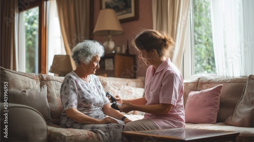 A caregiver checks the blood pressure of an elderly woman in a cozy, well-lit living room.