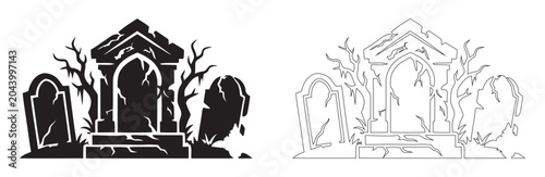 Foto Spooky Halloween Ancient Crypt Cemetery Graveyard Tombstones Silhouette & Line A
