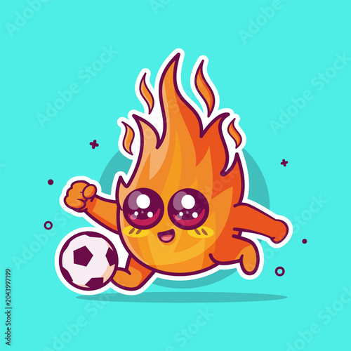 happy fire flame character mascot playing football isolated cartoon