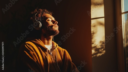 A man wearing headphones enjoys music with eyes closed, basking in warm sunlight by a window in a cozy, relaxed atmosphere.