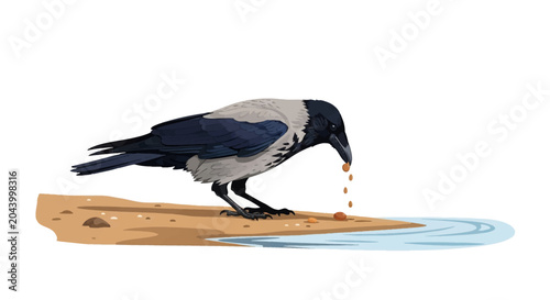 Vector illustration of a hooded crow (Corvus cornix) with grey and black plumage standing on a sandy riverbank eating seeds near the water's edge, isolated on white background.