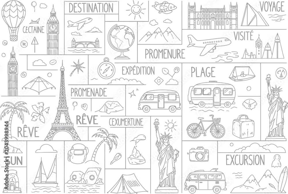 Naklejka premium Travel and adventure themed hand-drawn icon set with adventure landmark vacation destination transport exploration sightseeing collection international monument creative illustration