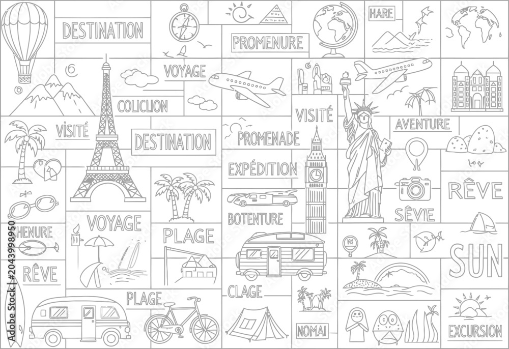 Naklejka premium Travel and adventure themed hand-drawn icon set with adventure landmark vacation destination transportation sightseeing collection handdrawn illustration international vacationing monument