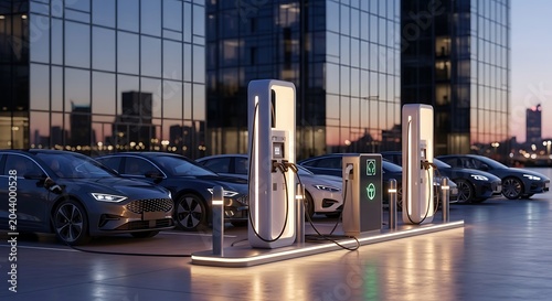 Modern Electric Vehicle Charging Station with Sleek Cars in Urban Setting at Dusk