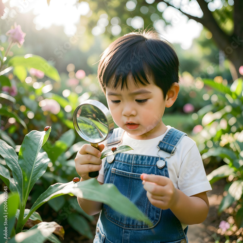 Curious small Asian boy in denim overalls examining a ladybug with magnifying glass.