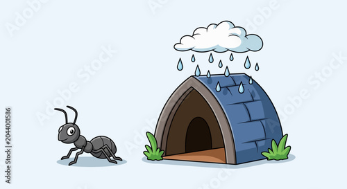 Schilderij op canvas Ant seeking shelter from rain under a makeshift roof, illustration