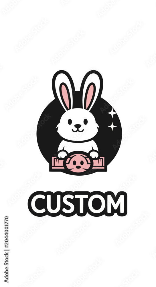 Fototapeta premium Cute cartoon bunny character holding a custom emblem with text