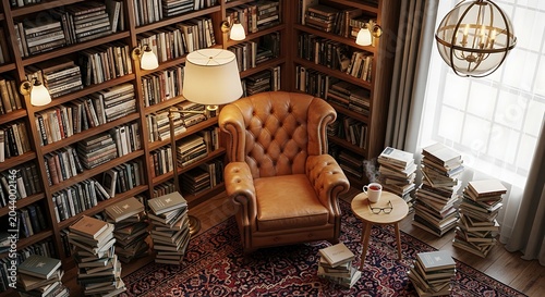 Cozy Study Room with Leather Armchair and Stacks of Books Ultimate Reading Nook Escape