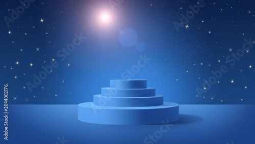 Blue circular podium stage with steps for product display under a starry night sky background
