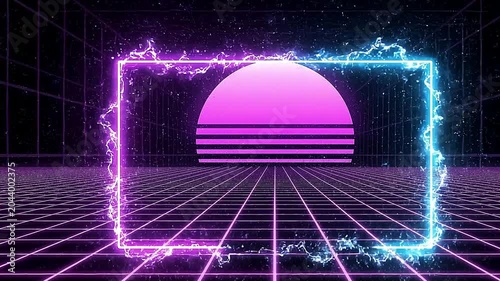 Neon frame glows with vibrant pink and blue electric energy lines floating in a digital grid environment, representing a retro eighties aesthetic style for modern creatives.