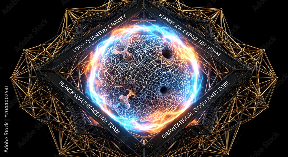 Obraz premium Futuristic Hi-Tech UI Wallpaper featuring 3D Loop Quantum Gravity Processor with Planck-Scale Spacetime Foam 