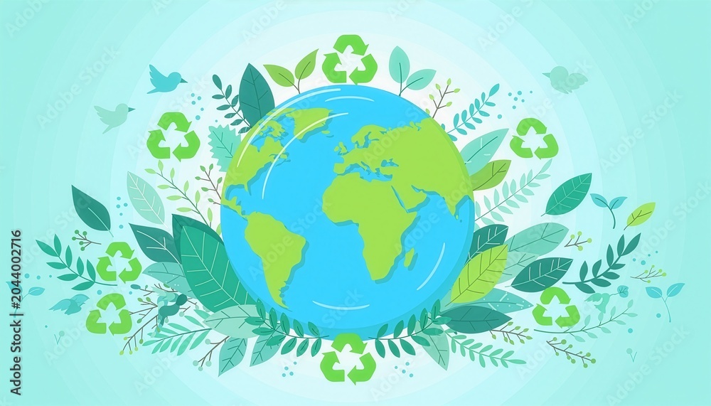 Naklejka premium Planet Earth surrounded by trees, plants and recycling symbols, World Environment Day celebration, clean vector illustration.
