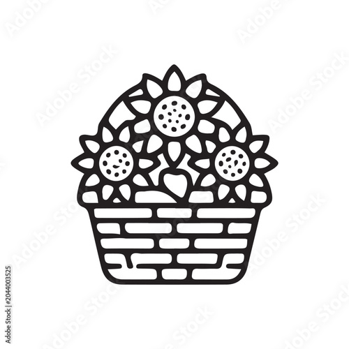 Floral basket, flower pot, black line art, vector illustration, garden decoration