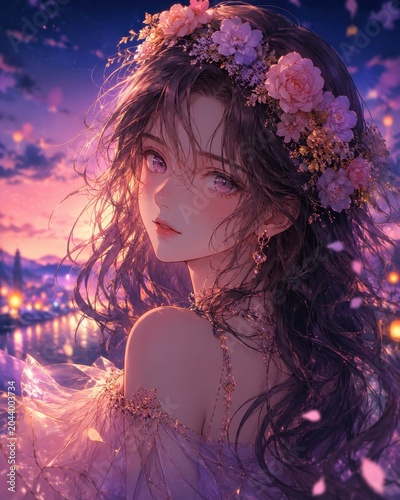 Anime Girl with Floral Crown Portrait for Poster Banner