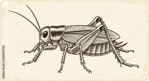 Fotografi Detailed Vintage Engraving of a Cricket Insect on Textured Paper Background