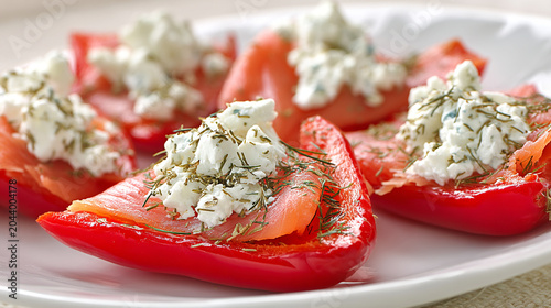 Red bell pepper slices topped with smoked salmon and fresh soft cheese with dried herbs, appetizer