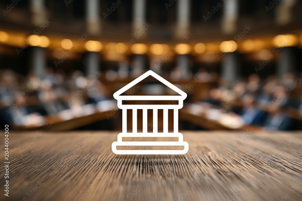 Fototapeta premium A modern parliamentary chamber featuring politicians in a softly blurred background, emphasizing the legislative environment