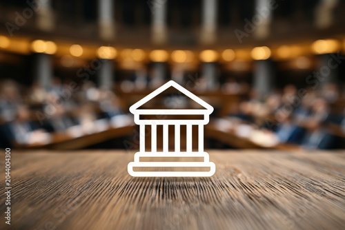 A modern parliamentary chamber featuring politicians in a softly blurred background, emphasizing the legislative environment