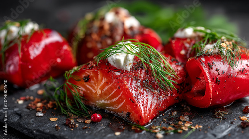 Close-up of salmon stuffed red peppers garnished with dill and cracked pepper on slate, appetizer