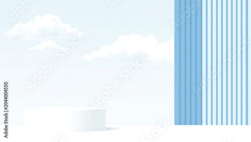 Minimalist product display podium with blue vertical stripes background and soft clouds