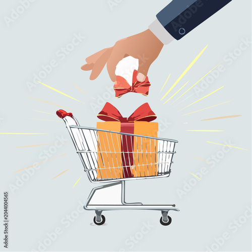 Hand Placing Gift Box in Shopping Cart Illustration