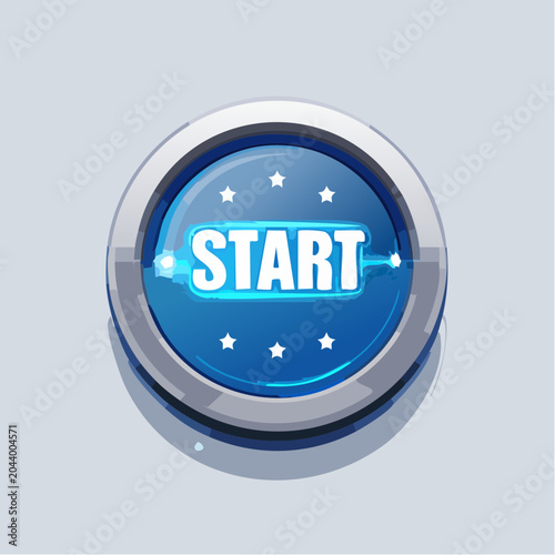 Blue Metallic Start Button with Star Accents on Light Background
