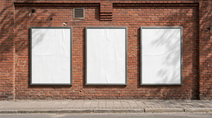 Three blank vertical poster frames mockup on outdoor red brick wall with sunlight shadows
