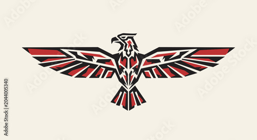 Fotografie Stylized Thunderbird Symbol with Wings Spread, Indigenous Art Inspired, Red Blac