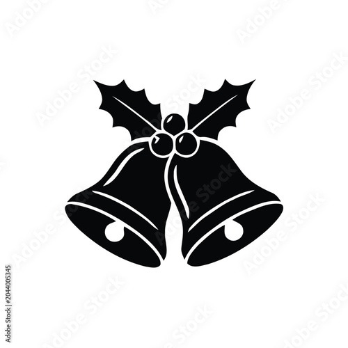 Christmas bells vector icon with holly berries black silhouette