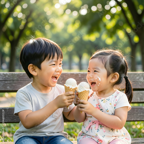 Happy Asian siblings sharing an ice cream cone in the park.
