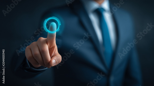Businessman pointing at circular digital interface representing security verification process