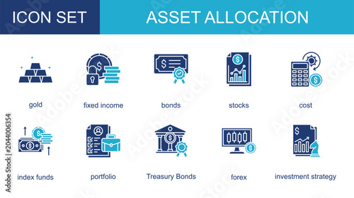 asset allocation icon collection set. with gold,fixed income,bonds,stocks,cost,index funds,portfolio