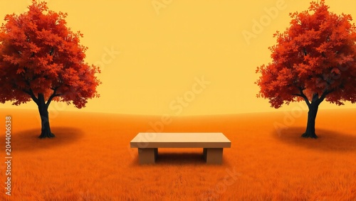 Pixel art autumn park scene with a wooden bench between two orange trees