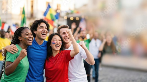 Diverse Group of Young Adult Sports Fans Cheering Together Outdoors with Face Paint and Flags