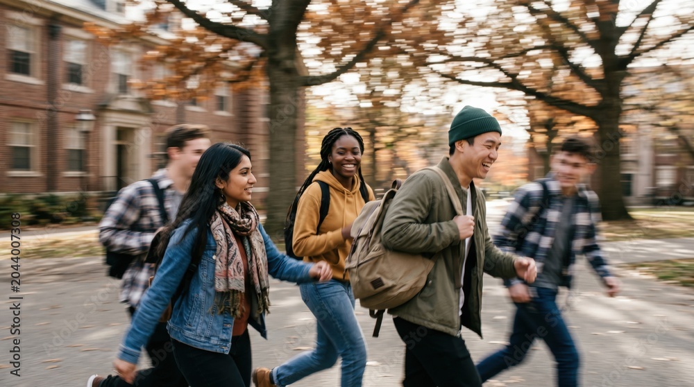 Obraz premium Diverse Group of Young Adult College Students Walking Together on University Campus Grounds in Autumn