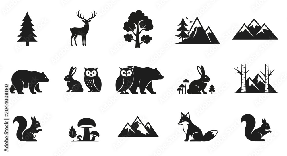 Fototapeta premium Black silhouettes of forest animals icons.
