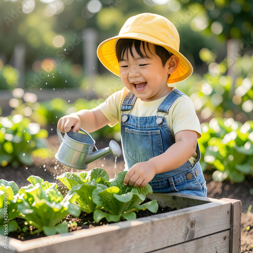 Joyful small Asian boy watering plants in a home garden.