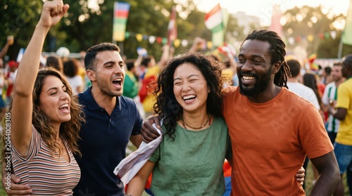 Diverse Group of Young Adult Friends Cheering and Celebrating Together at an Outdoor Sports Fan Festival