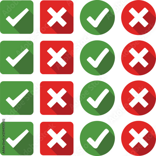 Green check marks and red cross buttons, checkmark tick mark cancel icons, true false choices graphic collection