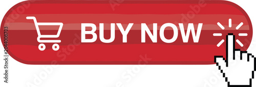 Red buy now button, shopping cart icon with pixel hand cursor clicking, call to action for commercial web store