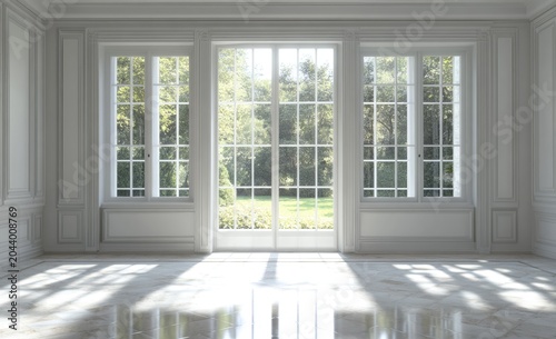 Bright and Airy Room with Large Windows Overlooking a Lush Garden.