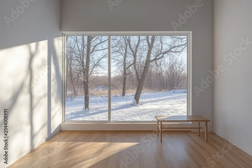 Modern minimalist room with large window overlooking a snowy winter landscape.