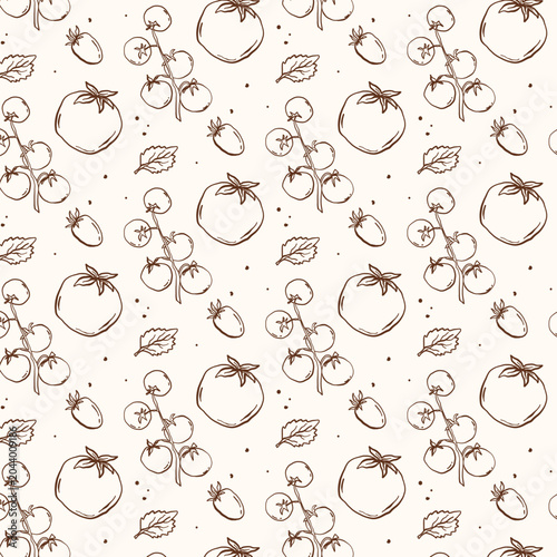 Tomato Seamless Pattern Line Art, Hand Drawn Vegetable Background, Cherry Tomato Branches and Leaves, Organic Food Hand drawn Illustrations