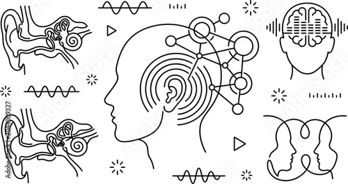 Photos Human hearing audiology and brain sound processing line icon vector set with ea