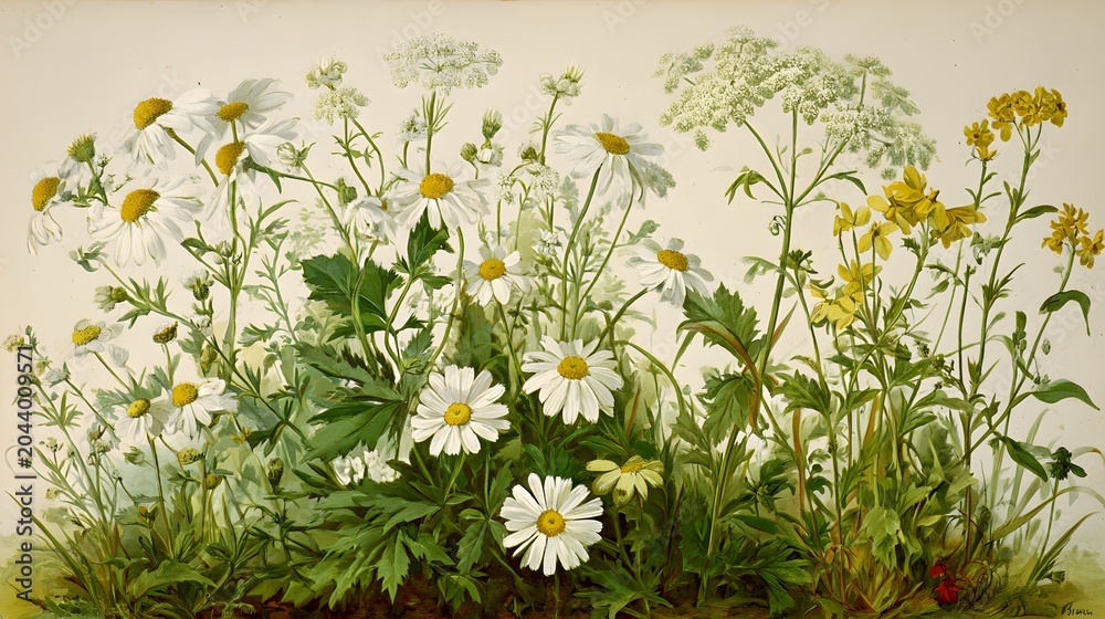 Fototapeta premium Old chromolithograph illustration of Botany, scentless false mayweed, scentless mayweed, scentless chamomile, wild chamomile, mayweed, false chamomile, and Baldr's brow