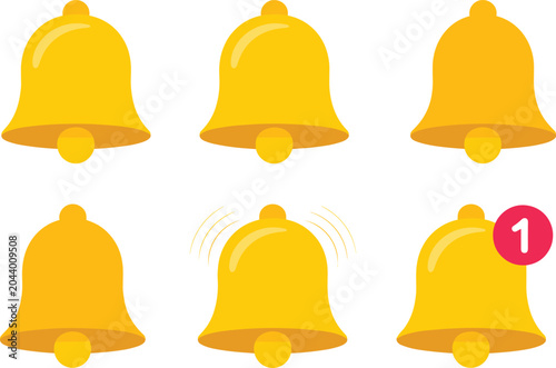 Yellow notification bell icons, alert reminder buttons, social media ringing app design element collection on white background